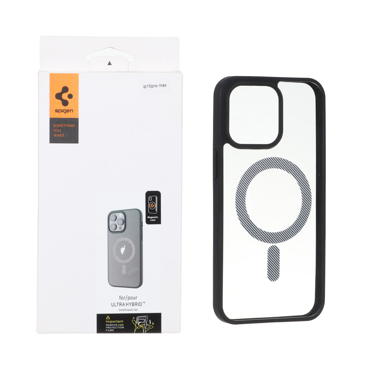 قاب اورجینال Spigen شفاف MagSafe هاشور Apple iPhone 15 Pro Max - مشکی (پک دار)